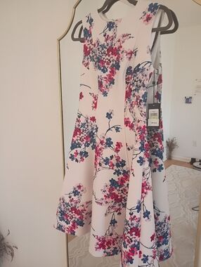 Floral A-Line Dress in White with Blue & Pink Blooms